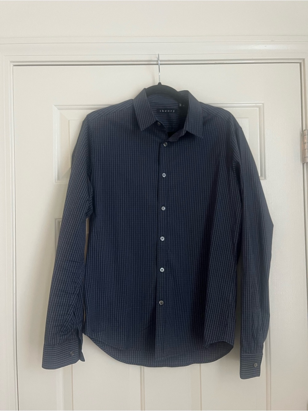 Theory Men's Navy Checkered Dress Shirt